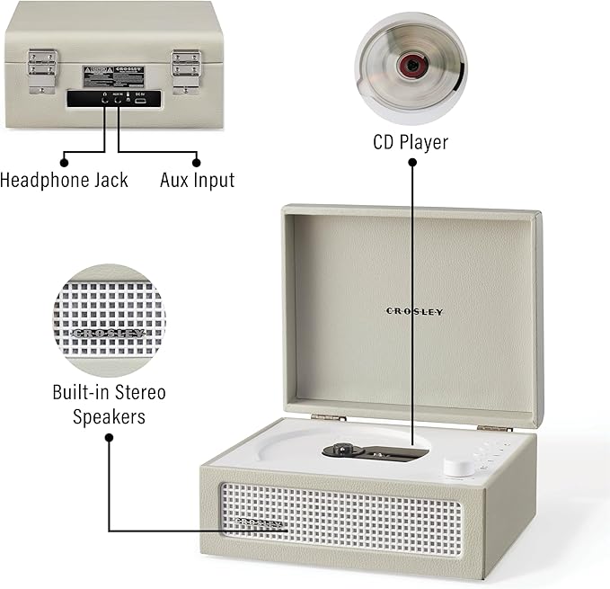 Crosley CR3517A-DU Voyager Retro Portable CD Player with Stereo Bluetooth Speakers and FM Radio, Dune
