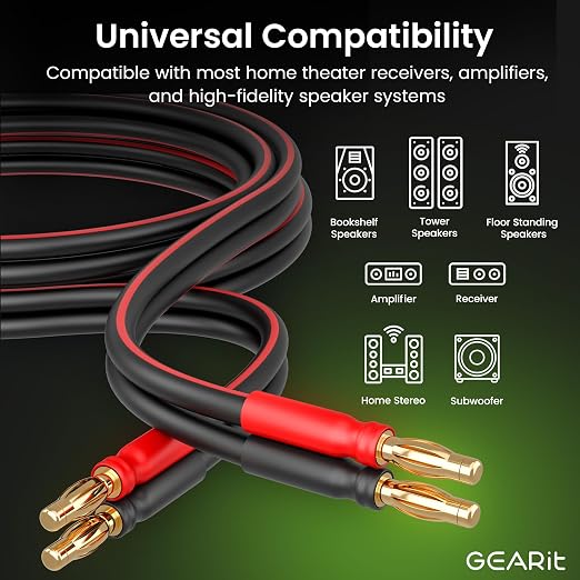 GEARit 14 Gauge OFC Speaker Wire with Banana Plugs, 2 Pack 6.6 Ft Speaker Cable with Gold Plated Tips, High-Fidelity Audio for HiFi, Bi-Wire, Bi-Amp & Surround Sound Speakers, Black