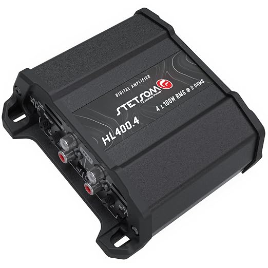 Stetsom HL 400x4 2 Ohms - Compact Digital 4 Channel Amplifier, 400W RMS 400.4, Full Range, High Input, Bass Boost Gain + 14db (Variable Adjustment 30-75hz), Multichannel, Digital Sound, Crossover