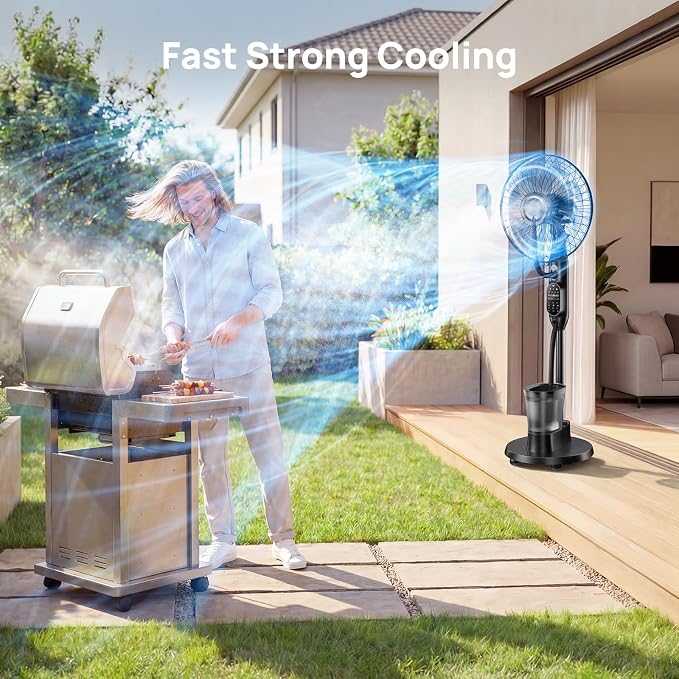Misting Fan, 16'' Standing Fan with Humidifier, Oscillating Fan with 9 Speeds 7H Timer, Fan for Bedroom, Pedestal Fan Indoor Only - 2026 Upgraded