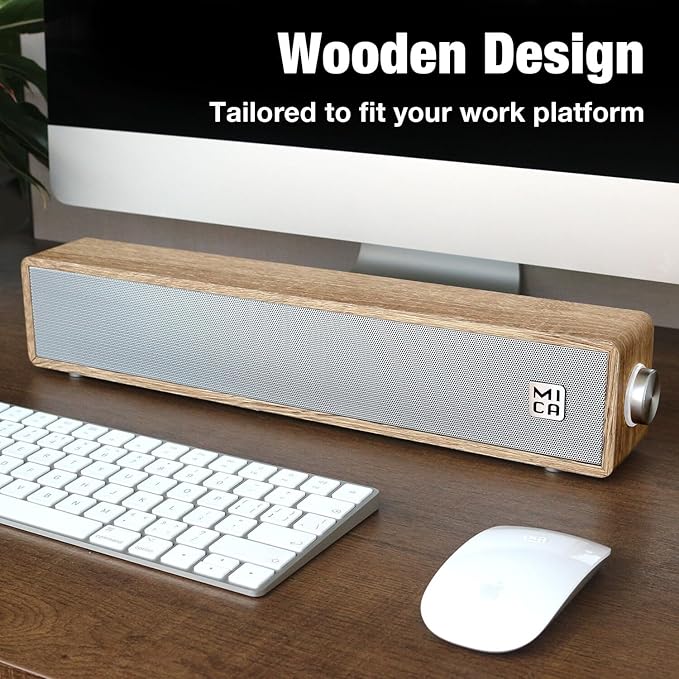 MICA Computer Speakers, Vintage Wired Computer Sound Bar, Retro Wooden Mini Soundbar, 3.5mm Aux Connection, USB Powered PC Speakers for Desktop Monitor, Laptop, Tablets (Yellow)