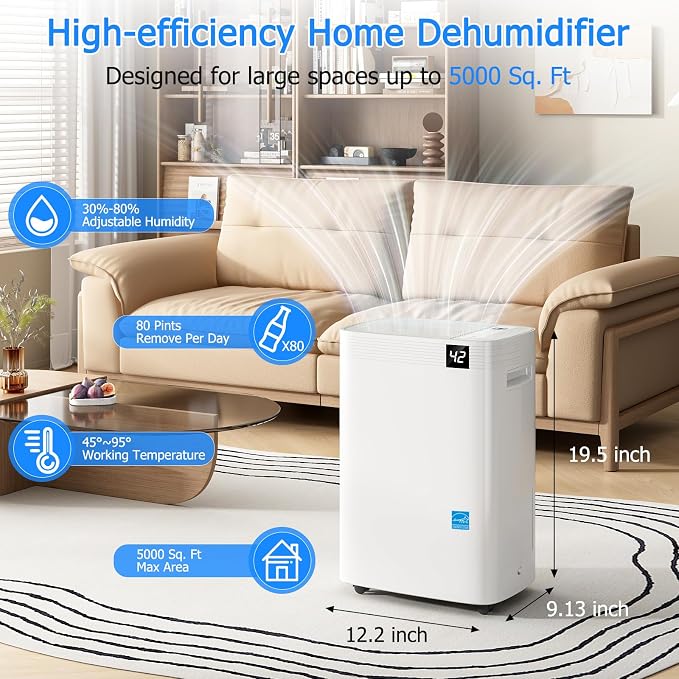Ludatido 2026 Energy Star 4500 Sq.Ft 75 Pint Dehumidifier for Basements with Large 1.32 Gal Tank,Portable Smart Compressor Dehumidifier for Home