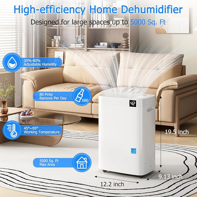 Ludatido 2026 Upgraded 80 Pint energy star Dehumidifier for home,5000 Sq.Ft for Whole Home & Basement, 1.32 Gal Tank, 35dB Quiet, Child Lock, Sleep/Fan/Dry Modes, 24H Timer & Auto Continuous Drain