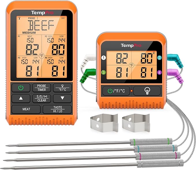 TempPro TP829 1000ft Wireless Meat Thermometer Digital for Grilling and Smoking, 4 Meat Probes Grill Thermometer for Outside Grill, Thermometer Cooking Gift for Dad Him Husband (Previously ThermoPro)