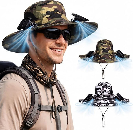 Shinymoon 2 Pcs Solar Fan Hat for Men Wide Brim Outdoor with 2 Solar Fan Summer Sun Protection Fishing Beach Bucket Hat USB Charging Breathable Waterproof for Camping Hiking Safari Gardening