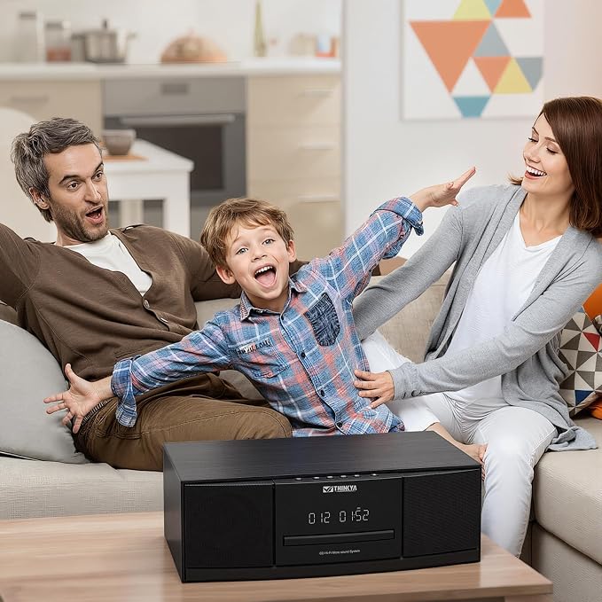 JA-318 CD Player Stereo System for Home, 36W RMS HiFi Bluetooth 5.3 CD Player with Speakers, FM Radio 40 Presets, USB/AUX Playback, LED Clock & Alarm, IR Remote Control, Modern Black Wood