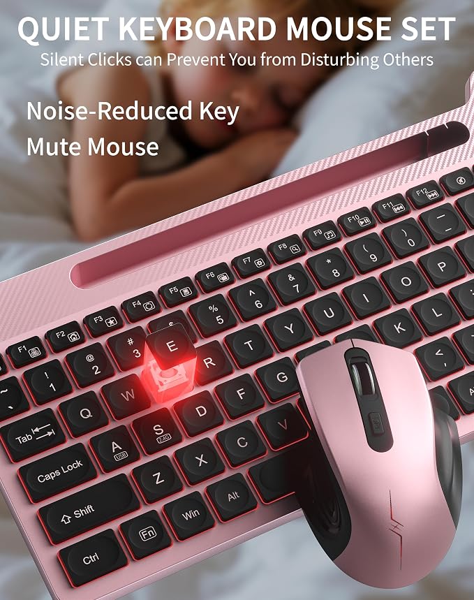 Wireless Keyboard Mouse Combo, Full Size Quiet Ergonomic Keyboard with Calculator, Backlit, Wrist Rest, Phone Holder, 2.4Ghz Silent Rechargeable Keyboard & Mouse for Laptop, PC, Windows (Pink Black)