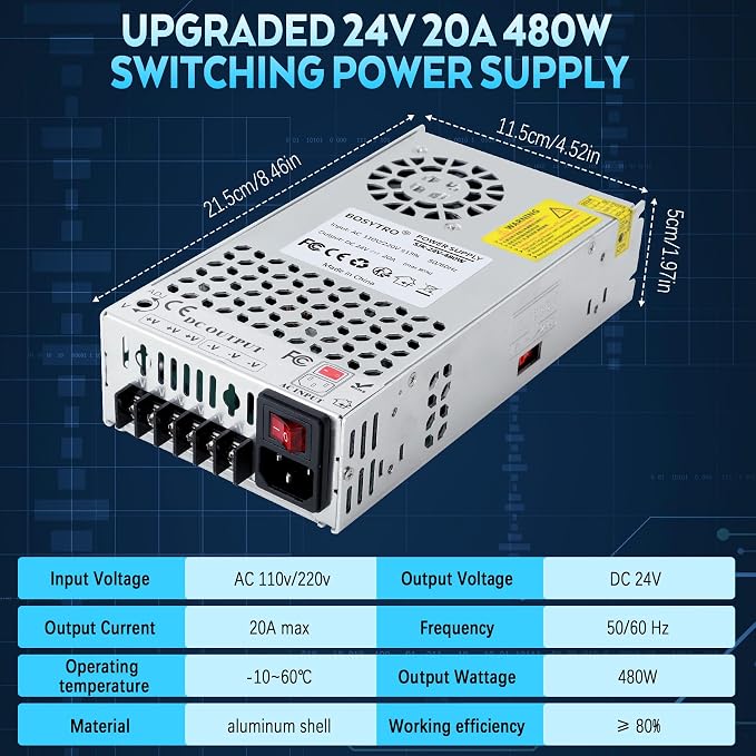 Upgraded Output Port 24V 20A 480W DC Switching Power Supply, Universal Transformers AC110V/220V (SMPS), 24 Volt Power Supply for 3D Printer, CCTV Camera Security System（Without Power Cord）