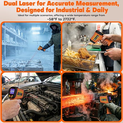 Dual-Laser Infrared Thermometer, -58°F to 2732°F (-50°C to 1500°C) Temperature Gun, 50:1 Non-Contact Temp Gun for Metal Smelting, Furnace, HVAC, Pizza Oven & Engine Diagnostics