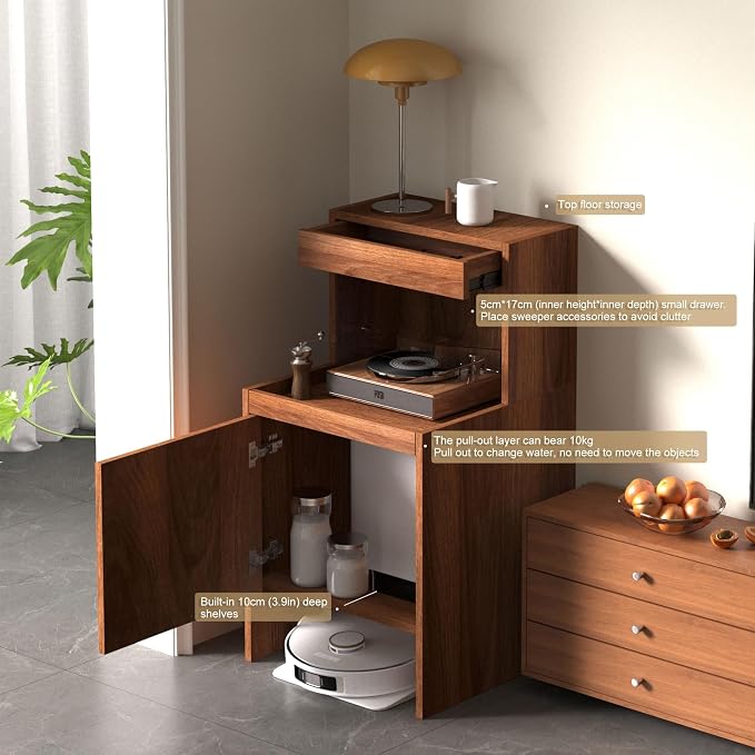 Robot Vacuum Stand Cabinet,Storage Cabinet with Doors and Drawers for Robot Vacuum Cleaner,Wood Bathroom Cabinet,Side Table for Living Room, Home Office(White,H100cm/39.3in)