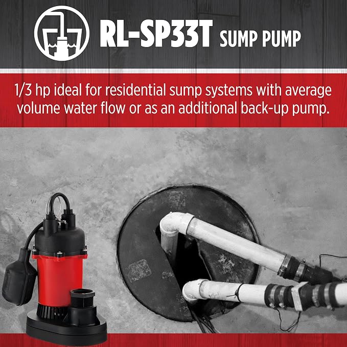 Red Lion RL-SP33T 115-Volt, 1/3 HP, 3200 GPH Aluminum and Thermoplastic Sump Pump with Tethered Switch and 8-Ft. Cord, Red, 14942740