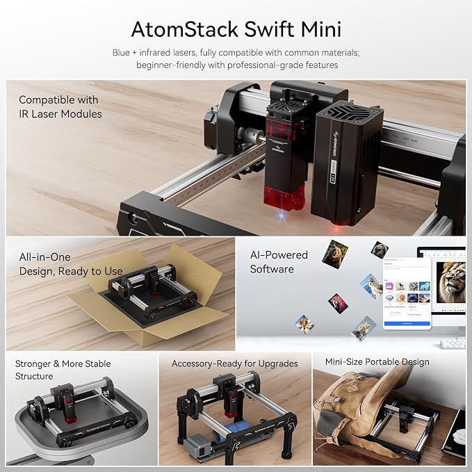 AtomStack Swift Mini Desktop Laser Engraver 3000mW Portable Wireless DIY Cutter | Plug & play compact engraver with AI software Supports wood leather & metal Stable frame WiFi/App control