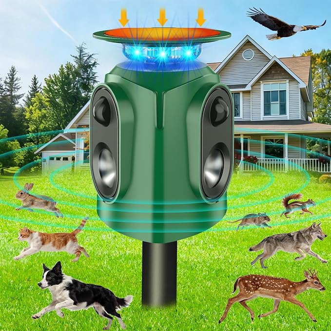 Ultrasonic Animal Repeller Outdoor - Cat Repellent Outdoor & Deer Deterrent with PIR Sensor, Solar Powered for 360° Protection Against Cats, Deer, Squirrels, Raccoons, Rabbits in Garden, Yard, Farm