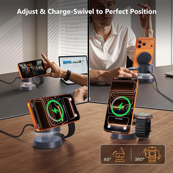iVANKY 4 in 1 Qi2 Certified 15W MagSafe Wireless Charger Station with Night Light, 3 in 1 Fast Charging Stand for iPhone 17e/17/16/15/14/13 Pro Max Air, Apple Watch, Airpods（Includes 33W Adapter） ﻿ ﻿