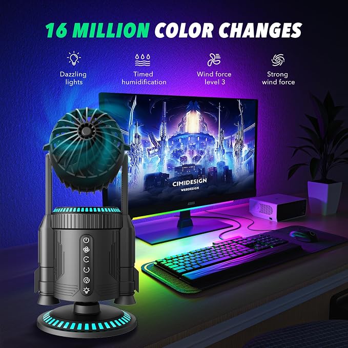 Desktop Air Circulator Fan with 110° Vertical & 135° Horizontal Auto Oscillation,5000mAh,RGB Ambient Light & Mist Spray,Quiet USB Desk Fan for Bedroom Office Study