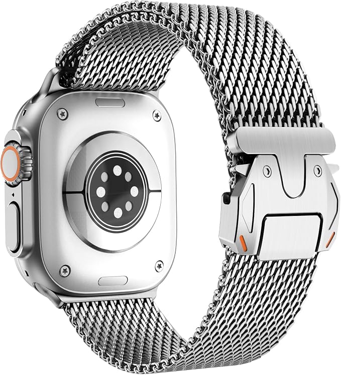 FULLIFE Milanese Mesh Loop for Apple Watch Band Apple Watch Ultra 3/2/1 Band 49mm 46mm 45mm 44mm Men Women, Stainless Steel Metal Band Parachute-style Buckle for iWatch Series 11 10 9 8 7 6 SE3 5 4 3