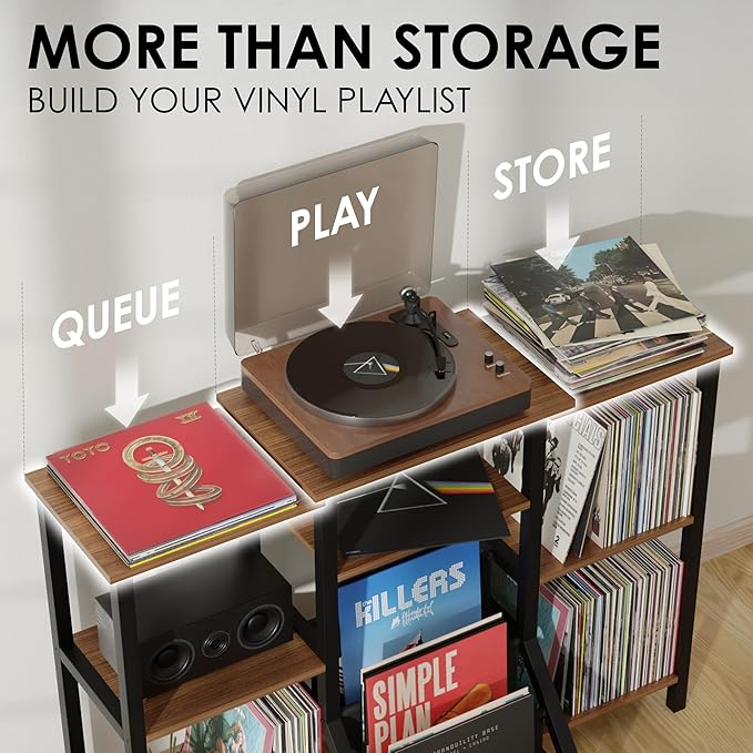 Record Player Stand With Vinyl Storage - Tall 36" Turntable Cabinet With Storage - Mid Century Modern Record Player Table - Vinyl Record Storage Shelf For 300+ Albums