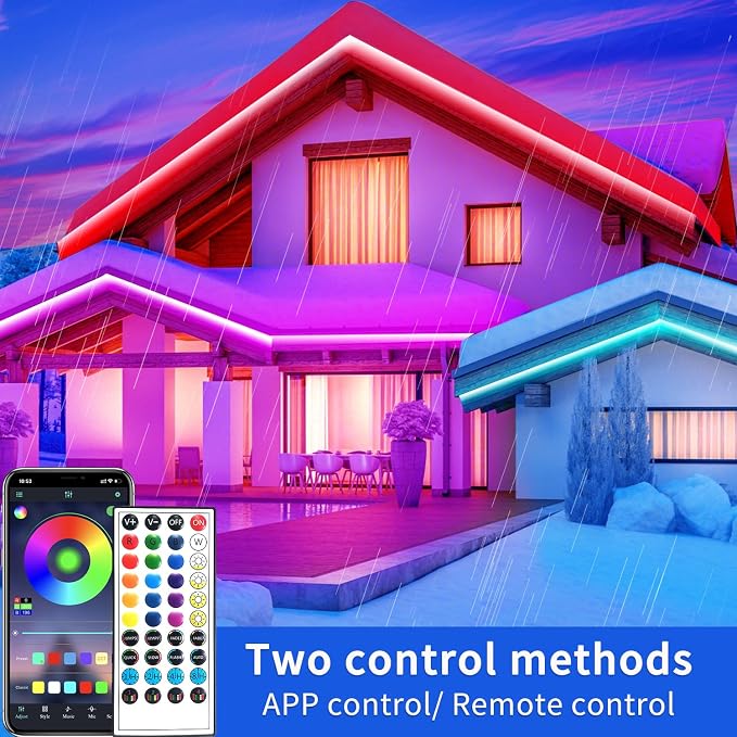 300Ft Outdoor LED Strip Light Waterproof,Music Sync RGB IP68 Led Lights with App/Remote Control,Color Changing Waterproof Exterior Rope Self Adhesive Back,Balcony,Garden（2 Rolls of 150ft）