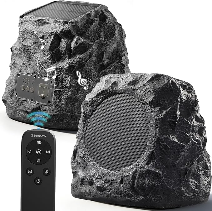 Upgraded Outdoor Rock Speaker 60W Deep Bass Multi-Sync up to 100Pcs, Remote Control, IPX7 Waterproof Solar-Powered Bluetooth Speaker Perfect for Pool, Garden, Patio, Ideal for Music Lovers - 2 Packs