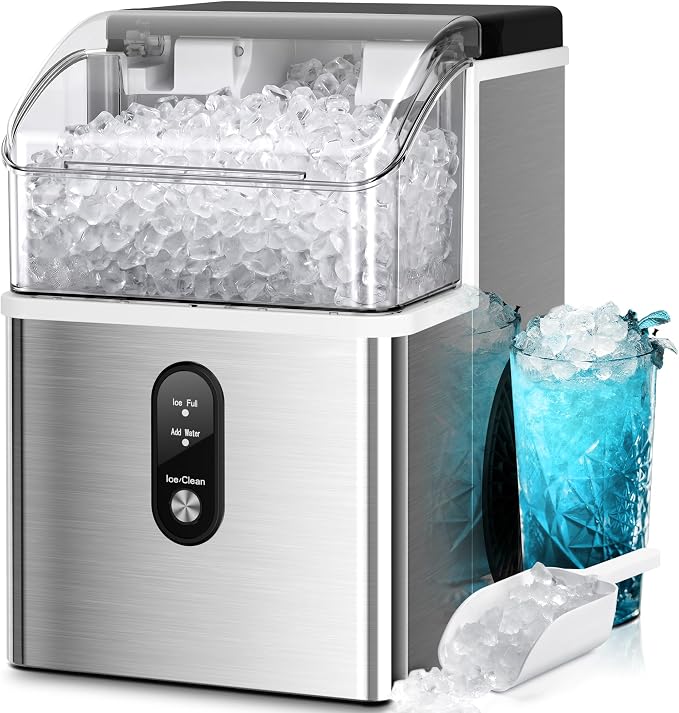 Kismile Portable Nugget Ice Maker Countertop, 33Lbs/Day Pebble Ice Machine with Self-Cleaning Function, Chewable Sonic Ice Maker with 1.1L Water Tank for Home Kitchen Office Bar