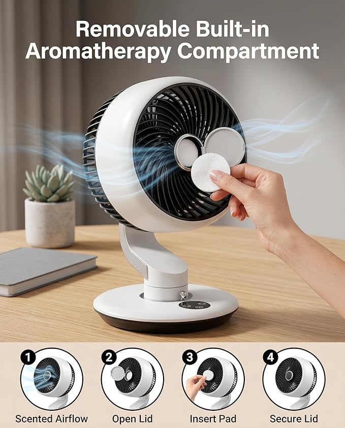 Desk Fan for Office, Rechargeable Air Circulator Fan for Bedroom Cooling, Ultra Quiet Battery Powered Table Fan, 5 Speeds, 9H Timer & 120°Oscillating Smart Portable Fan for Dorm, Home, Kitchen