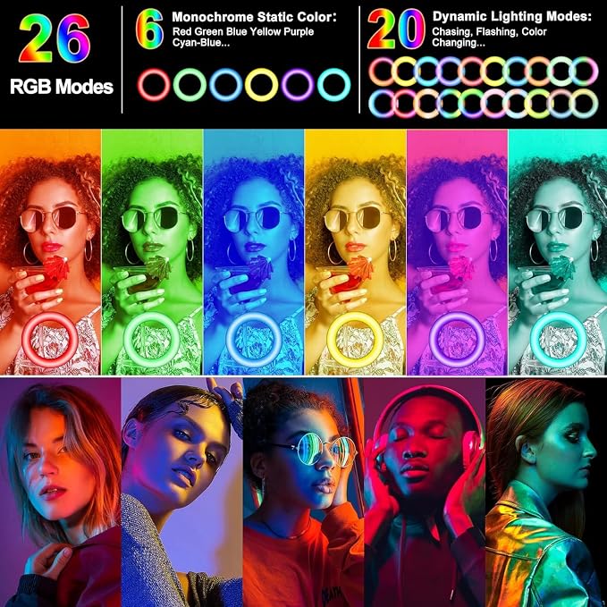 10.3" Selfie Ring Light with Stand and Phone Holder, 73" Tripod, 96 RGB Lighting Modes, Remote for iPhone &Android Camera. LED Halo Light for Photo, Video Recording, TikTok. Circle Ringlight Dimmable