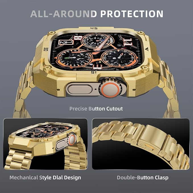 Formal Stainless Steel Watch Case with Band Compatible with Apple Watch Series 11 10 46mm Band for Men,Metal Protective Bumper Cover iwatch Band with Strap,Gold