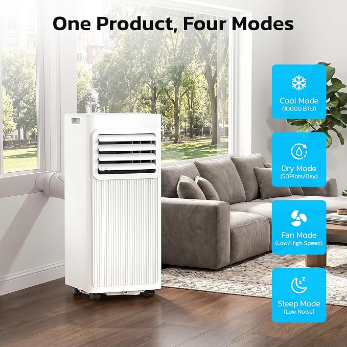 10000 BTU Portable Air Conditioners for Rooms up to 550 Sq Ft, 4 Modes Portable AC Unit with Remote Control & 24H Timer, Cool/Fan/Dry/Sleep, Installation Kits & Energy Saving for Bedroom, Apartments