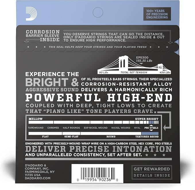D'Addario XL ProSteels Bass Guitar Strings - EPS300 - Long Scale - Custom Light Top/Medium Bottom Tapered, 43-107