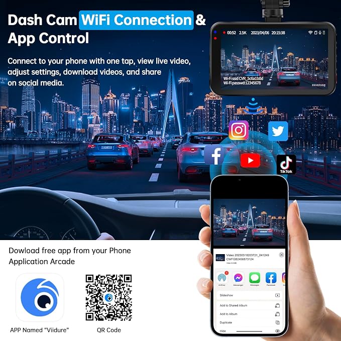 Dash Cam Front and Rear, Dash Camera for Cars WiFi/APP Control Dual Dashcam W/ 64GB Card, 2.5K Dash Cam Front+1080P Rear Car Camera W/Super Night Vision, Loop Recording, G-Sensor, Max Support 256GB