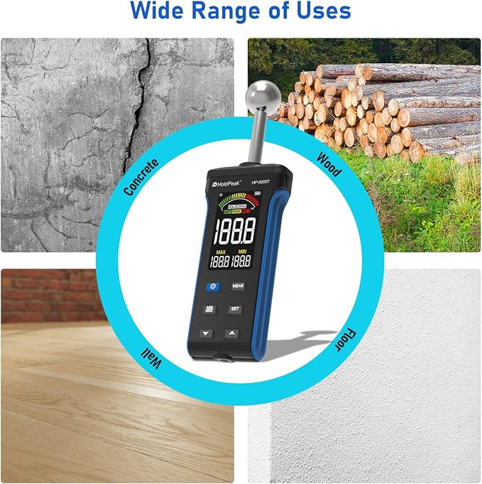 HOLDPEAK Pinless Wood Moisture Meter, Non-Destructive Moisture Meter for Wood, Concrete, Floors, Walls, Measuring Depth 20-40mm Digital Moisture Meter with Masonry-Spherical Sensor, Large LCD Display