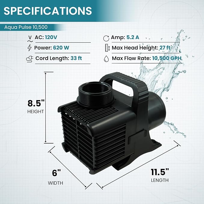Aqua Pulse Submersible Pond Pump, 10,500 GPH, 33 ft Cord | 27 ft max head, 620W energy efficient, Ultra quiet, For koi ponds, Waterfalls, Fountains