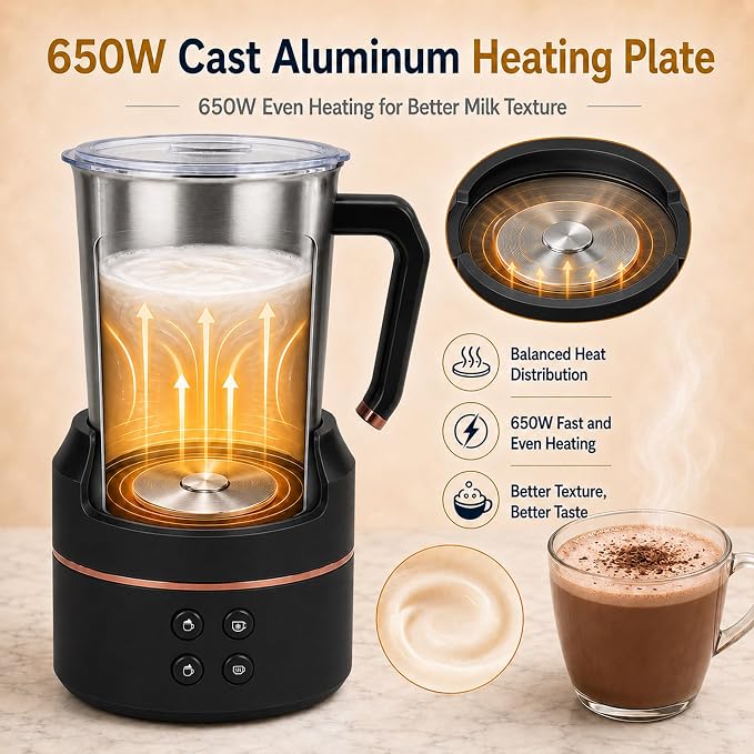 Electric Milk Frother 8.5oz, 4-in-1 Automatic Milk Steamer for Coffee, Latte, Cappuccino, Detachable Stainless Steel Cup, Dishwasher Safe, Magnetic Whisk, Precise Spout for Latte Art, (Black)