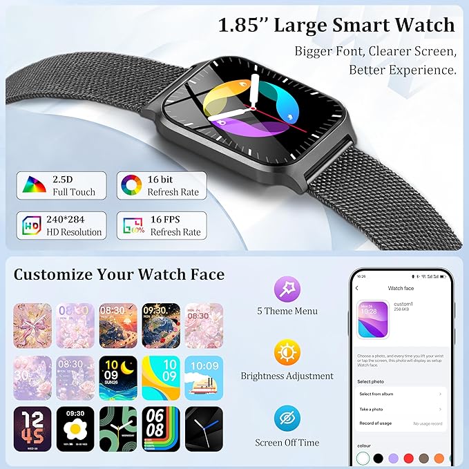 Smart Watch Women Men, 1.85’’ Reloj Inteligente para mujer hombre, Make/ Answer Call, Health Monitor/Blood Pressure, 110+ Sports Modes, Voice Control, IP68 Waterproof Compatible with Android & iPhone