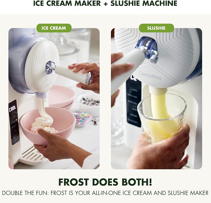 GreenPan Frost Ice Cream Maker & Slushie Machine, Mixing Bowl included, Soft Serve, Sorbet, Margaritas, Milkshakes, Frozen Yogurt, No Pre-Freezing, Ready in 15 Mins, 6 Modes, Self-Cleaning, Cream