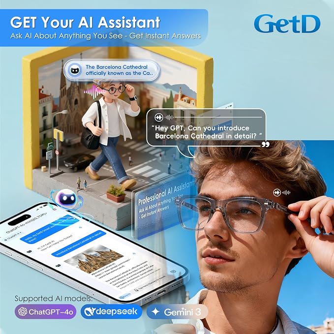 GetD AI Glasses for Men & Women, Smart Glass Powered by ChatGPT, AI Real-time Translation with 145 Languages, 11H Music Play, Bluetooth Glasses with Anti-Blue Light Lens for Daily Use, Travel