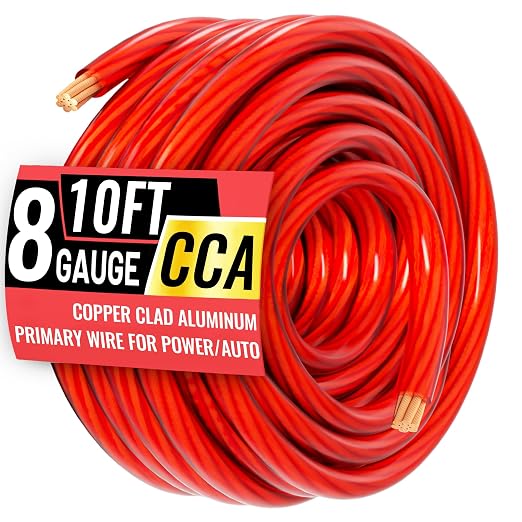 8 Gauge Wire 10FT Red Copper Clad Aluminum CCA Battery Cable, Primary Power/Ground Cable for Car Audio Speaker, RV Trailer, Amp, Inverter RV Truck, Marine, Solar Equipment, Translucent Jacket