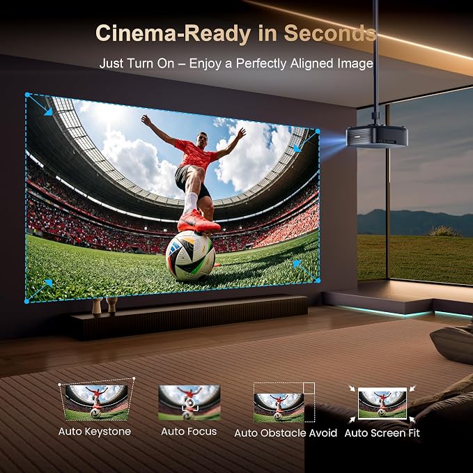 Smart Projector 2026 Upgraded, 2500 ANSI, 4K Supported, 50W DoIby Audio, Built in NetfIix App, Auto Focus & Keystone, WiFi 6 & Bluetooth 5.3, for Home Theater/Soccer Watch party/Outdoor Movie