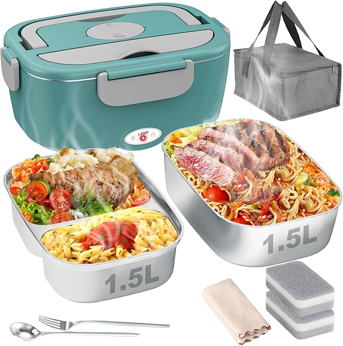 Geveniss Electric Lunch Box for Adults, Heated Lunch Box for Car and Truck, Portable Food Warmer for Office Work, 80W Fast Heating, Dual Removable 1.5L Stainless Steel Containers