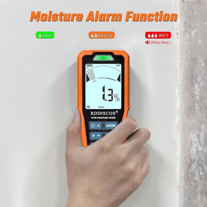 RDINSCOS Pinless Moisture Meter for Drywall & Wood 6-in-1 Moisture Tester | Non-Destructive Moisture Detector,For Wood, Drywall, Plaster, Concrete, Screed & Flooring, Audible Alarm,Rechargeable