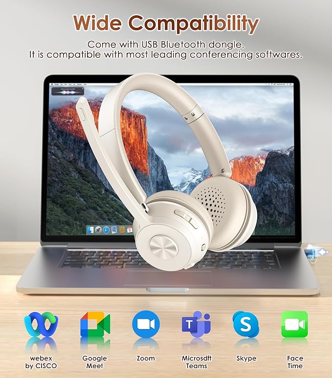 Soothielec Wireless Headset with Mic for Work, Bluetooth Headset with Noise Cancelling Microphone, Headphones with Mic Mute & USB Dongle for PC/Computer/Laptop/Cell Phones/Remote Work/Call Center