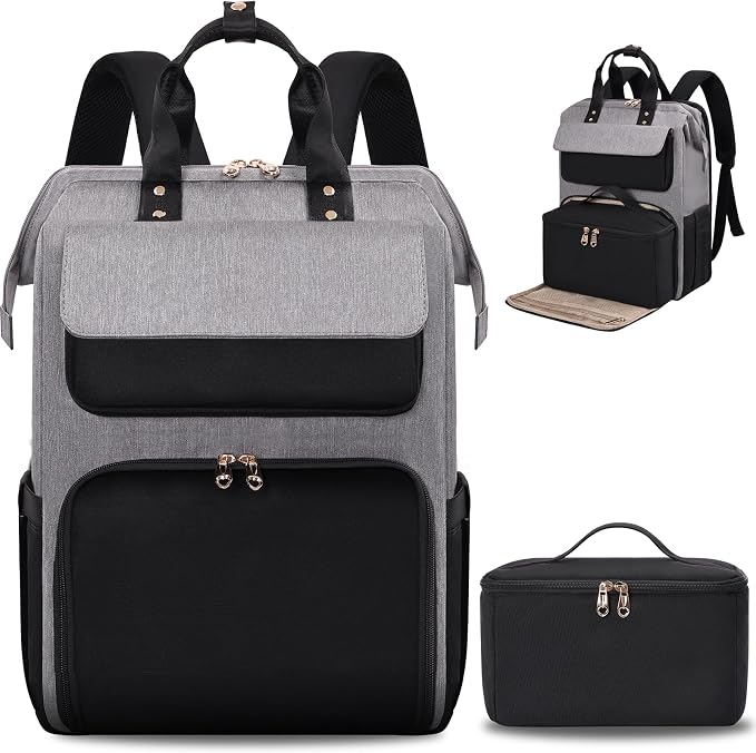 BERTASCHE Lunch Backpack for Women, 17.3 Inch Laptop Backpack with Insulated Cooler Lunch box, Nurse Backpack for Teacher Work Travel College Picnic,Black-Grey