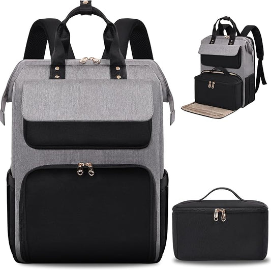 BERTASCHE Lunch Backpack for Women, 17.3 Inch Laptop Backpack with Insulated Cooler Lunch box, Nurse Backpack for Teacher Work Travel College Picnic,Black-Grey