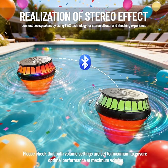 Floating Speaker for Pool, IPX7 Waterproof Floating Hot Tub Speaker with Colorful Lights, 15W Stereo Loud Sound, TWS, Portable, Wireless Must Have Gifts for Shower, Spa, Beach