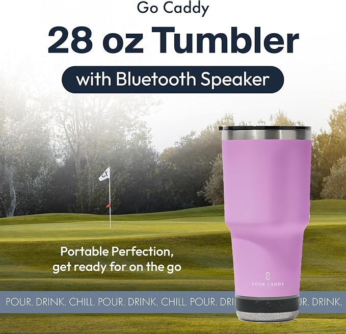 Vibe 28 oz Tumbler with Bluetooth Speaker, Insulated Stainless Steel Travel Cup with Lid, Hot & Cold Drink Beverage Container, Removable Speaker with Microphone, Rubber Base, Pink