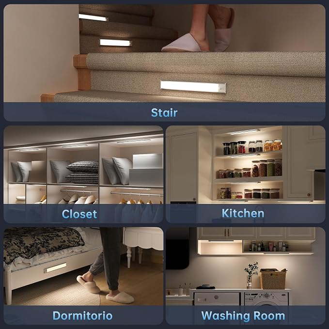 Under Cabinet Lighting,74 LED 2200mAh Rechargeable,Motion Sensor Light,3 Colors Dimmable,Magnetic Closet Lights,Indoor Night Lights for Kitchen Bedroom Stairs 5 Pack