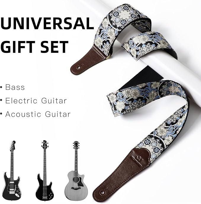Guitar Strap, Electric& Acoustic Bass Guitar Straps,Embroidered Filament with Head Cowhide Leather Strap, with Free Strap Button,2 Guitar Strap Locks，4Guitar Pick (Blue floral print)