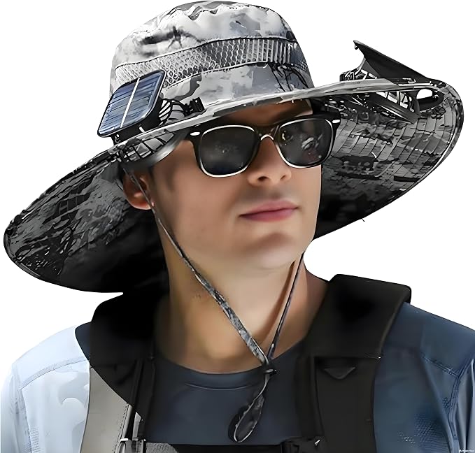 Wide Brim Sun Hat with Solar Fan, Solar Powered Fan Hat with Mosquito Head Net, Men & Women Cooling Cap for Outdoor