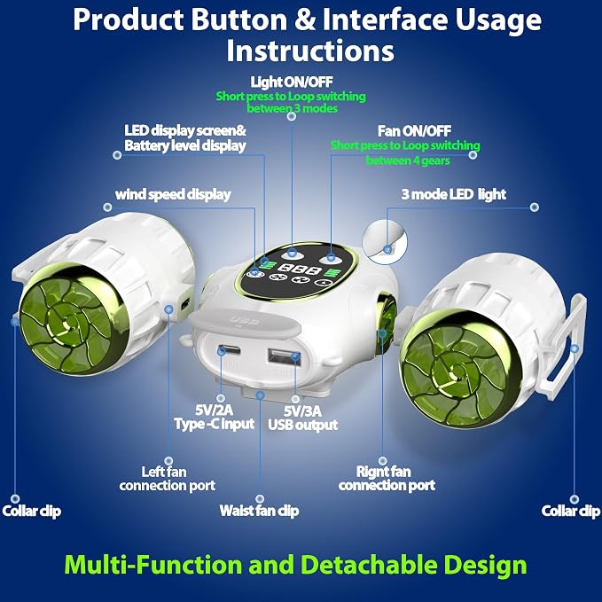 Portable Waist Fan, Shirt Fan with Light, 2025 Upgrade Cool Clip Rechargeable,8000mAh Power Bank,4 Speeds 12000RPM Strong Airflow for Camping Travel Fishing Hiking Cycling (Green White)