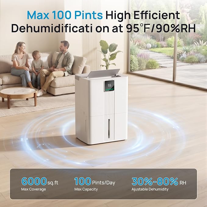 Uthfy 100 Pint Dehumidifier for Home & Basement, 6000sq.ft Dehumidifier with Drain Hose, Detachable Water Tank, Smart Humidity Control, Dual LED Display, Wheels & Handle for Large Room, Off White